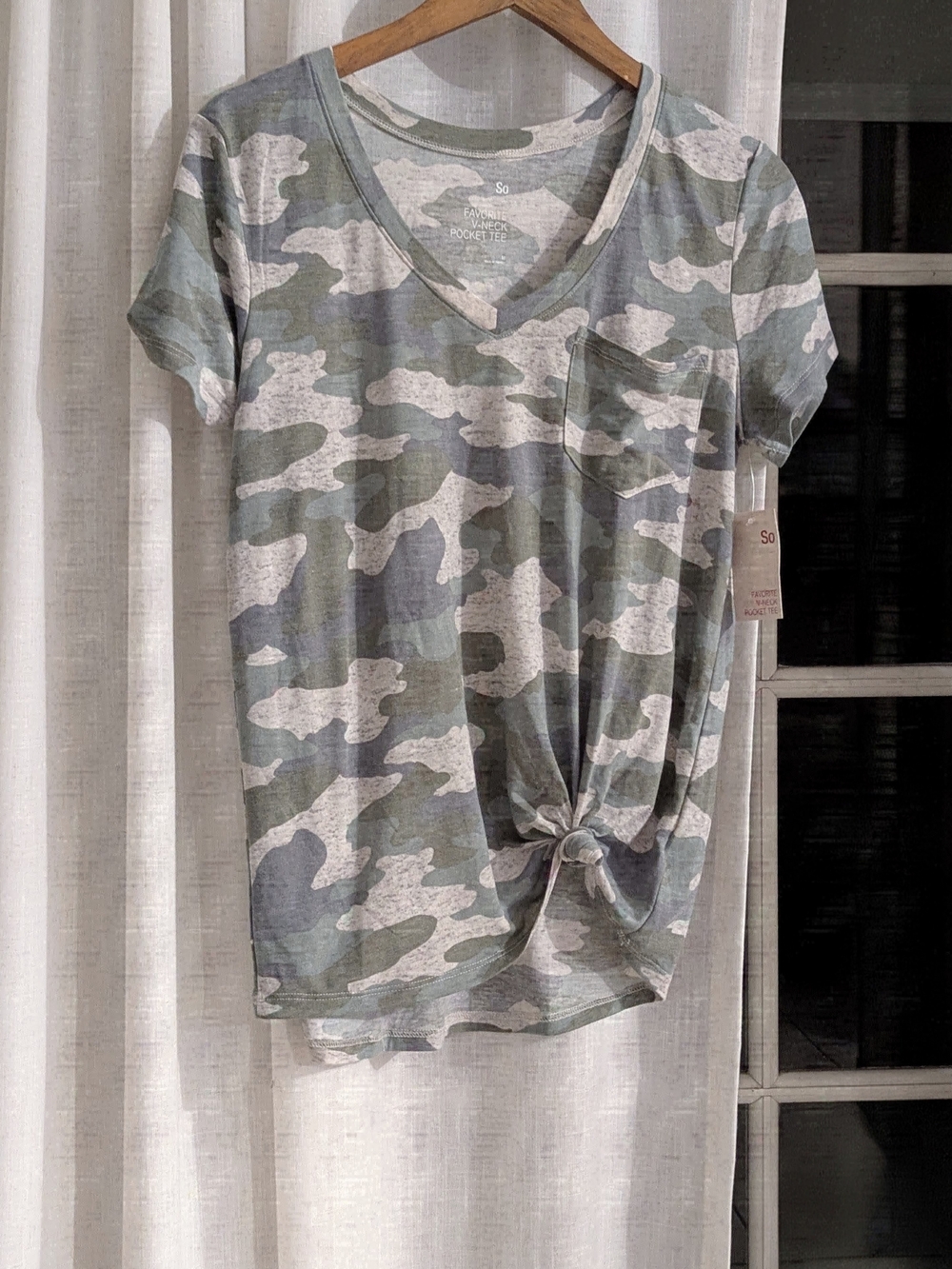 SO Green Camo V-Neck Knot Front Tee Size M